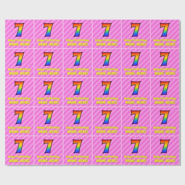 Papier Cadeau 7e anniversaire : Pink Stripes & Hearts, Rainbow # (Plat)