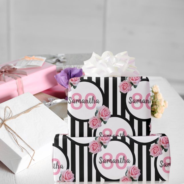 Papier Cadeau 80e anniversaire chic rose roses noir blanc rayure (Créateur téléchargé)