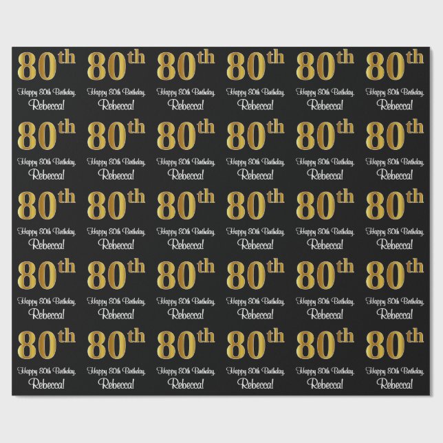 Papier Cadeau 80e anniversaire : Elégant Luxueux Faux Gold Look  (Plat)