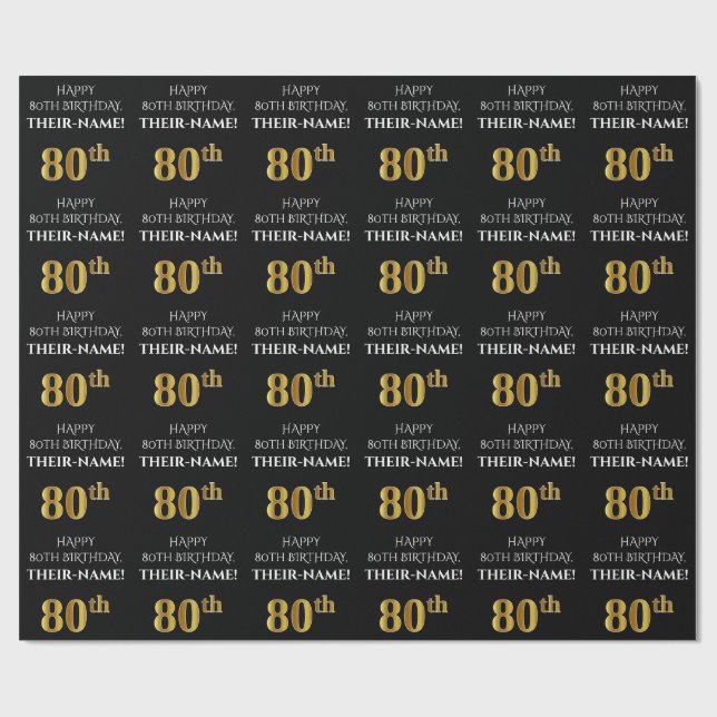 Papier Cadeau 80e anniversaire : Elégant, Noir, Faux Gold Look (Plat)
