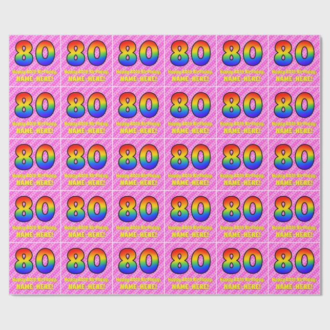 Papier Cadeau 80e anniversaire : Pink Stripes & Hearts, Arc en c (Plat)
