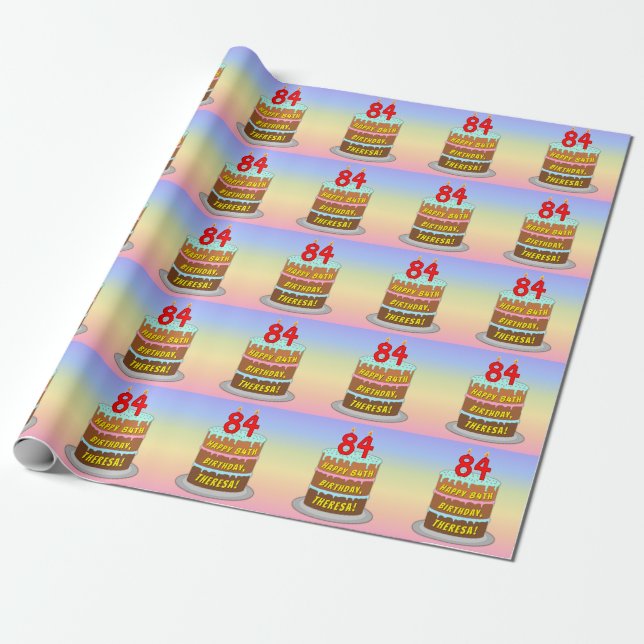 Papier Cadeau 84e anniversaire : Fun Cake and Candles + Nom pers (Déroulé)