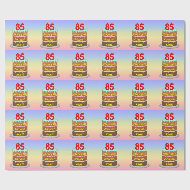Papier Cadeau 85e anniversaire : Fun Cake and Candles + Nom pers (Plat)