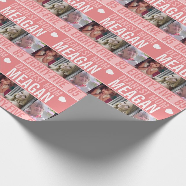 Papier Cadeau 85ème anniversaire trois photos corail orange blan (Coin)