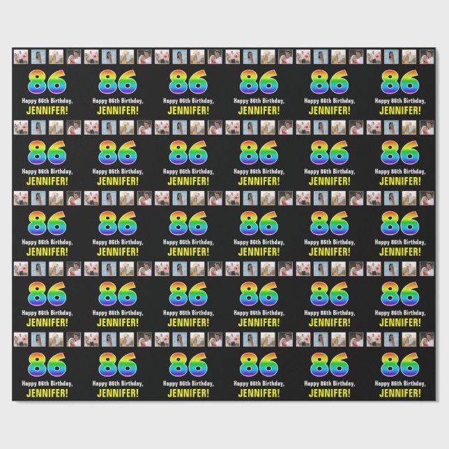 Papier Cadeau 86e anniversaire : Arc-en-ciel "86"; photos et nom (Plat)