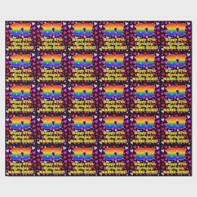 Papier Cadeau 87e anniversaire : Amour Hearts Motif, Arc-en-ciel (Couture)