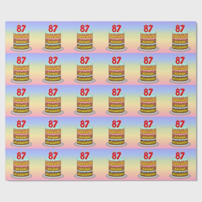 Papier Cadeau 87e anniversaire : Gâteau et bougies amusants + No (Plat)
