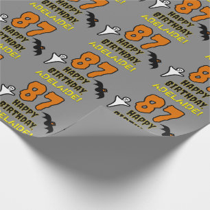 Papier Cadeau 87e anniversaire : thème Halloween effrayant, nom