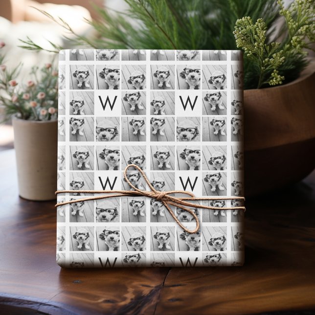 Papier Cadeau 8 Photo Collage personnalisé Monogramme noir et bl (Personalized Photo Paper)