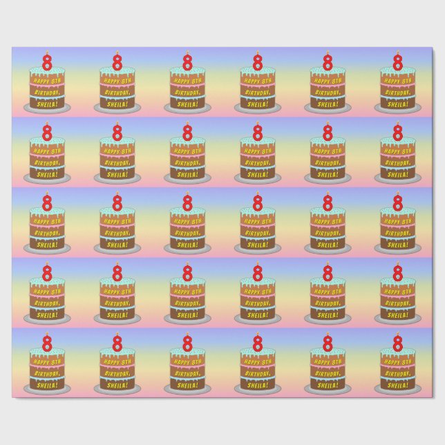 Papier Cadeau 8e anniversaire : Fun Cake and Candle + Nom person (Couture)