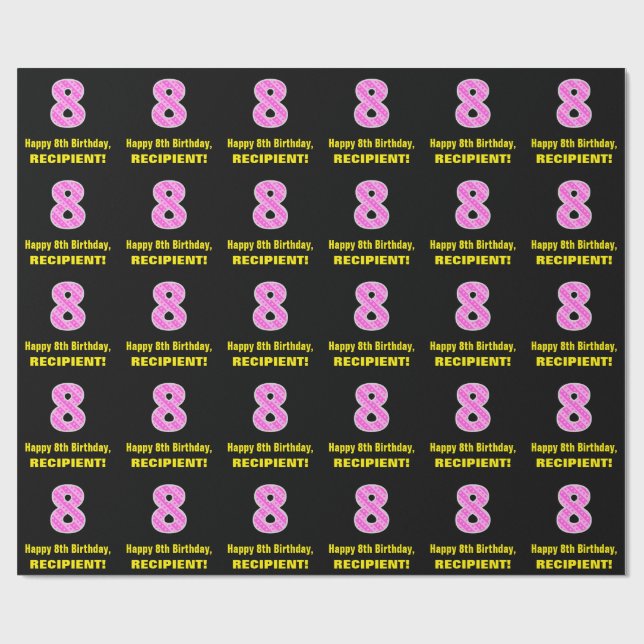 Papier Cadeau 8e anniversaire : Pink Stripes and Hearts "8" + No (Plat)