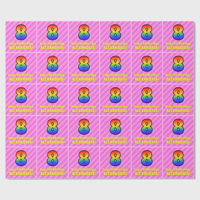 Papier Cadeau 8e anniversaire : Pink Stripes & Hearts, Rainbow # (Plat)