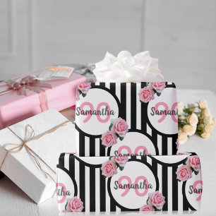 Papier Cadeau 90e anniversaire chic rose roses noir blanc rayure