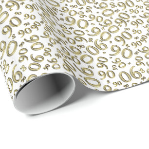 Papier Cadeau 90e anniversaire Gold & White Random Number Motif