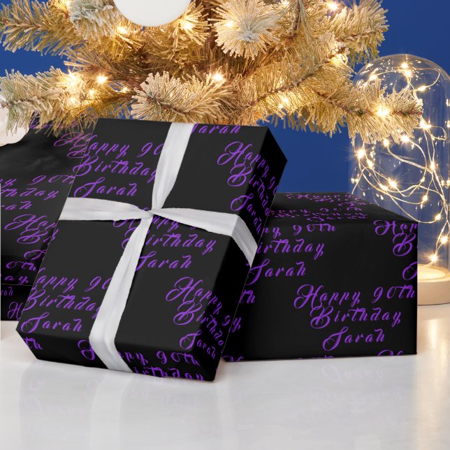Papier Cadeau 90e anniversaire Nom de la fête Motif noir pourpre (Vacances)