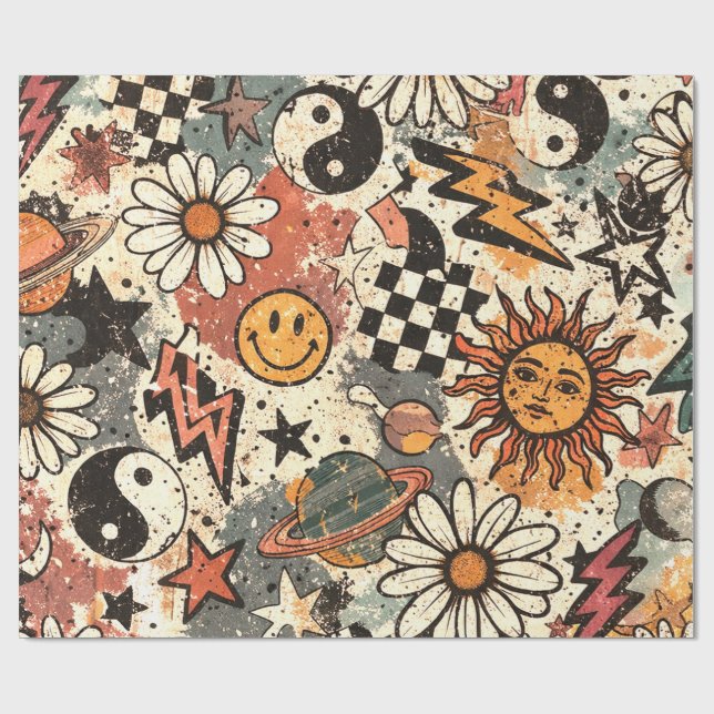 Papier Cadeau 90s Happy Faces Sun Flowers Pattern (Plat)
