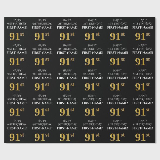 Papier Cadeau 91e anniversaire : Elégant, Noir, Faux Gold Look (Plat)