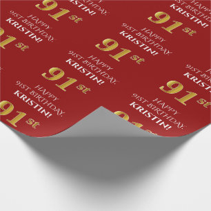 Papier Cadeau 91e anniversaire : Elégant, Rouge, Faux Gold Look