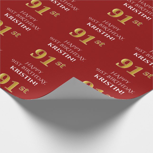 Papier Cadeau 91e anniversaire : Elégant, Rouge, Faux Gold Look (Coin)