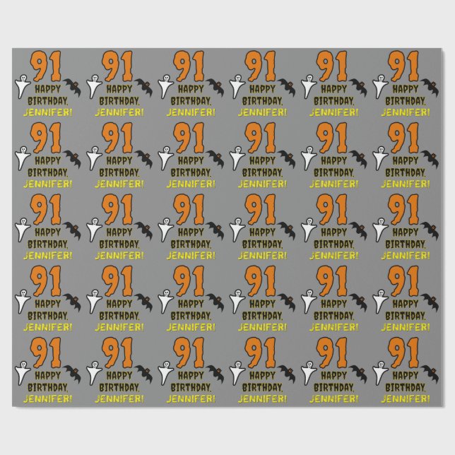 Papier Cadeau 91e anniversaire : Thème d'Halloween Éffrayant, No (Plat)