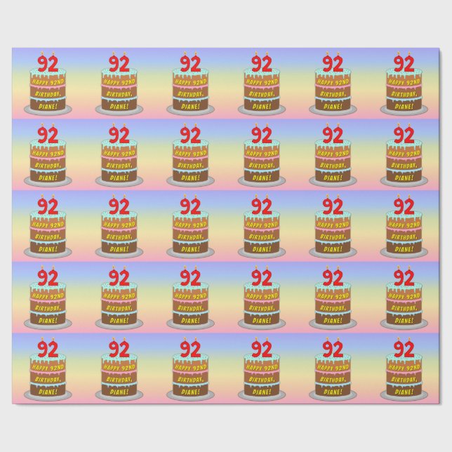 Papier Cadeau 92e anniversaire : Fun Cake and Candles + Nom pers (Couture)