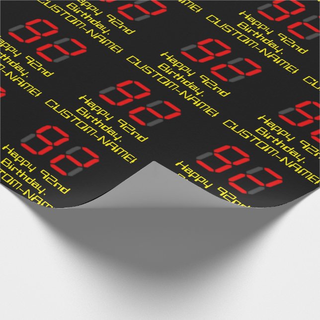 Papier Cadeau 92e anniversaire : Rouge Digital Clock Style "92"  (Coin)