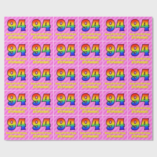 Papier Cadeau 94e anniversaire : Pink Stripes & Hearts, Arc en c (Plat)