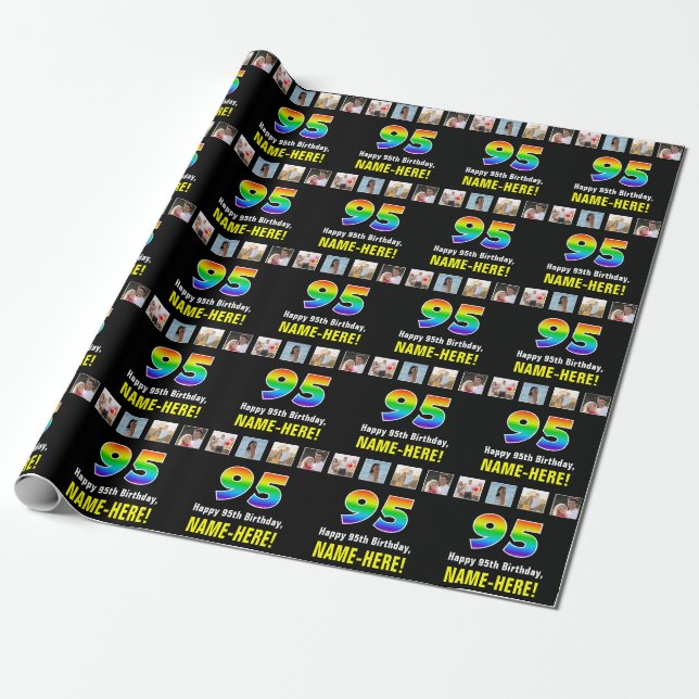 Papier Cadeau 95e anniversaire : Arc-en-ciel "95"; photos et nom (Déroulé)