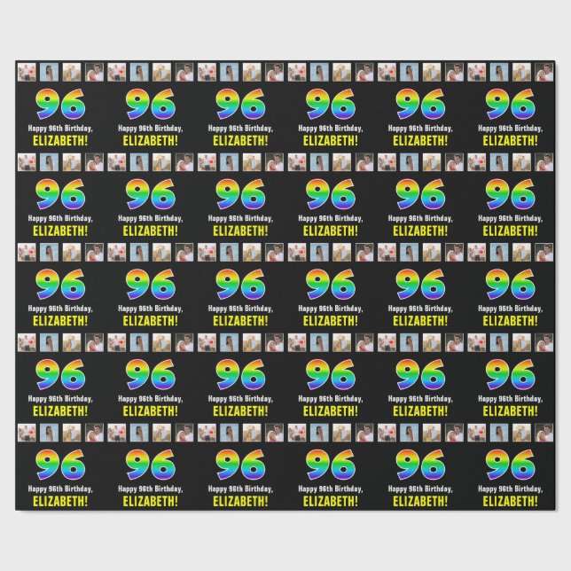 Papier Cadeau 96e anniversaire : Arc-en-ciel "96"; photos et nom (Couture)