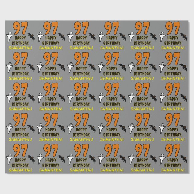 Papier Cadeau 97e anniversaire : Thème d'Halloween Éffrayant, No (Plat)