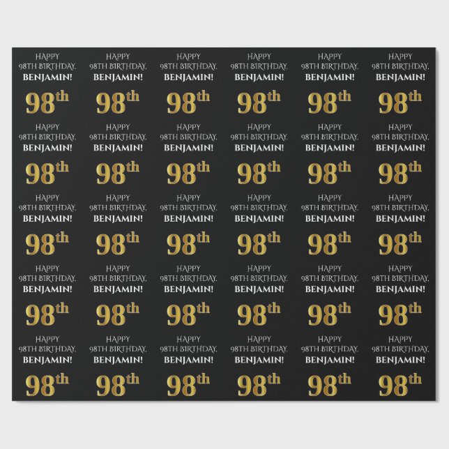 Papier Cadeau 98e anniversaire : Elégant, Noir, Faux Gold Look (Plat)