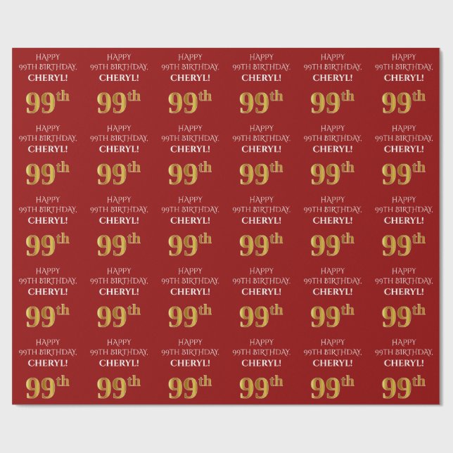 Papier Cadeau 99e anniversaire : Elégant, Rouge, Faux Gold Look (Plat)