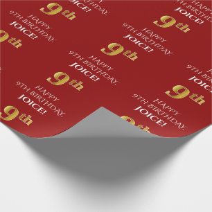 Papier Cadeau 9e anniversaire : Elégant, Rouge, Faux Gold Look