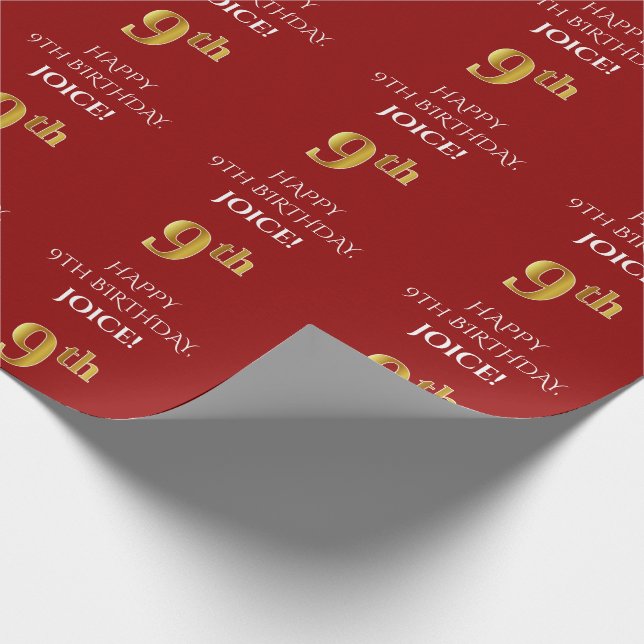 Papier Cadeau 9e anniversaire : Elégant, Rouge, Faux Gold Look (Coin)