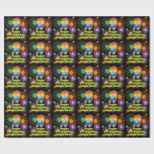 Papier Cadeau 9e anniversaire : Fun Fireworks, Rainbow Look # "9 (Plat)