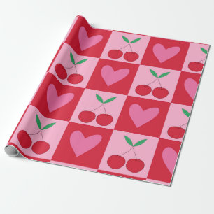 Papier Cadeau à damiers Cerises avec Motif de Coeurs Roses