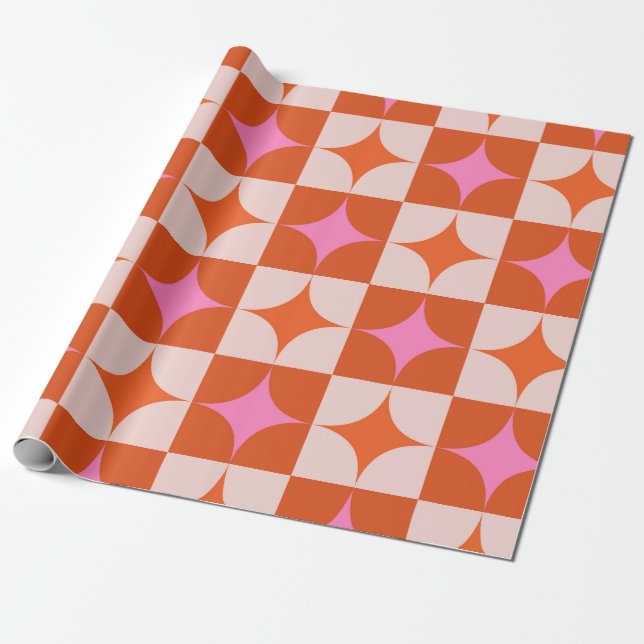 Papier Cadeau à damiers Étoile rose Orange du milieu du siècle (Déroulé)