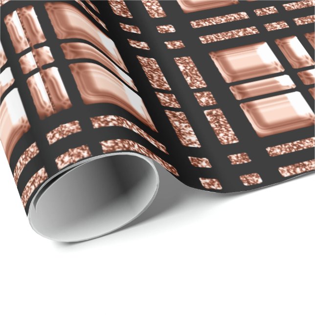 Papier Cadeau à damiers Géométrie grillée Rose Or Cuivre noir (Coin rond)