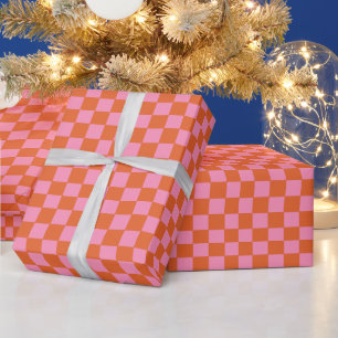 Papier Cadeau à damiers orange et rose
