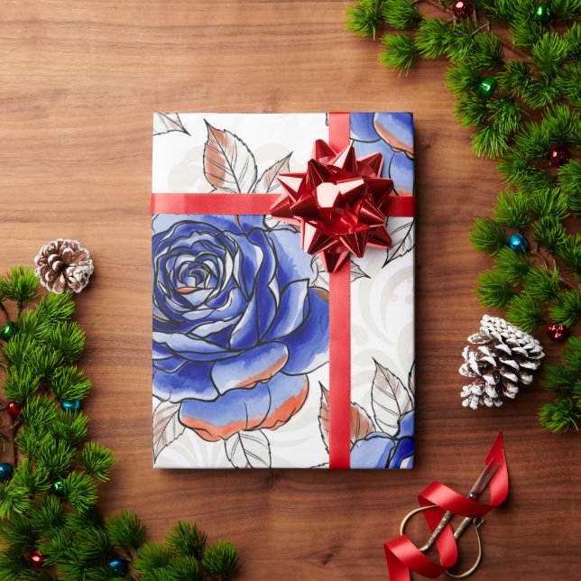 Papier Cadeau à Motif Aquarelle Rose Bleue (Cadeau de vacances)