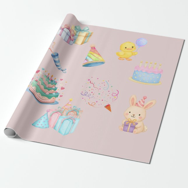 Papier cadeau à motif fête d'anniversaire aquarell (Déroulé)