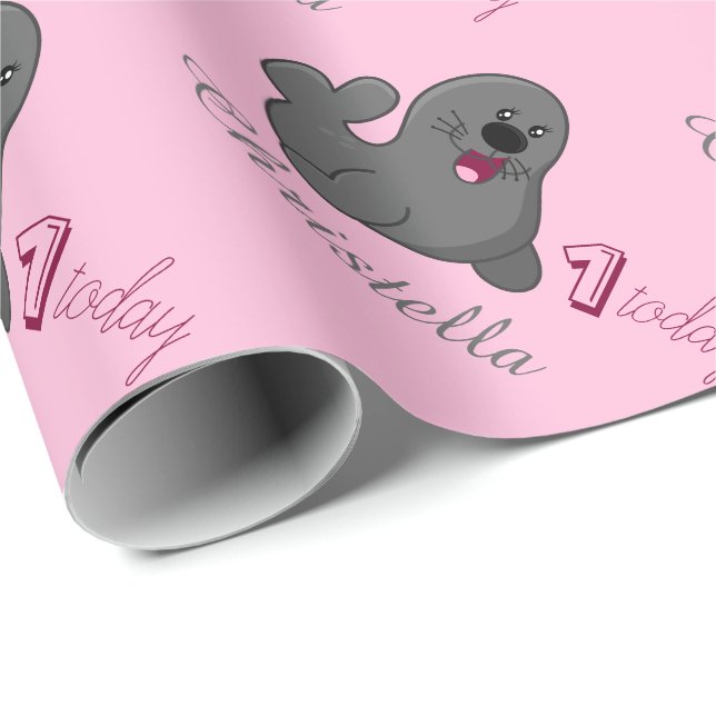 Papier Cadeau Ă?re otarie personnalisée d'anniversaire - bébé (Coin rond)