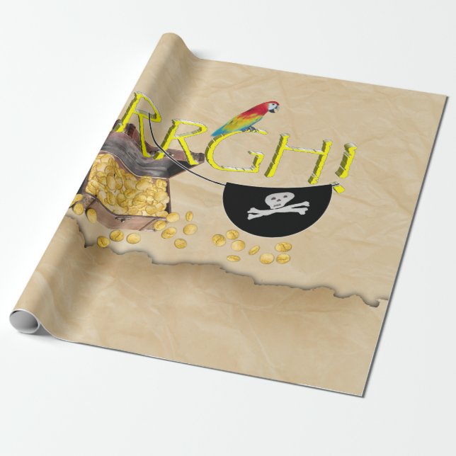 Papier Cadeau AAARGH - Perroquet de pirates, poitrine au trésor  (Déroulé)
