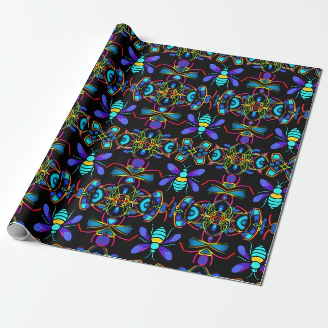 Papier Cadeau Abeille de miel néon vibrante avec Hexagonal Abstr (Déroulé)