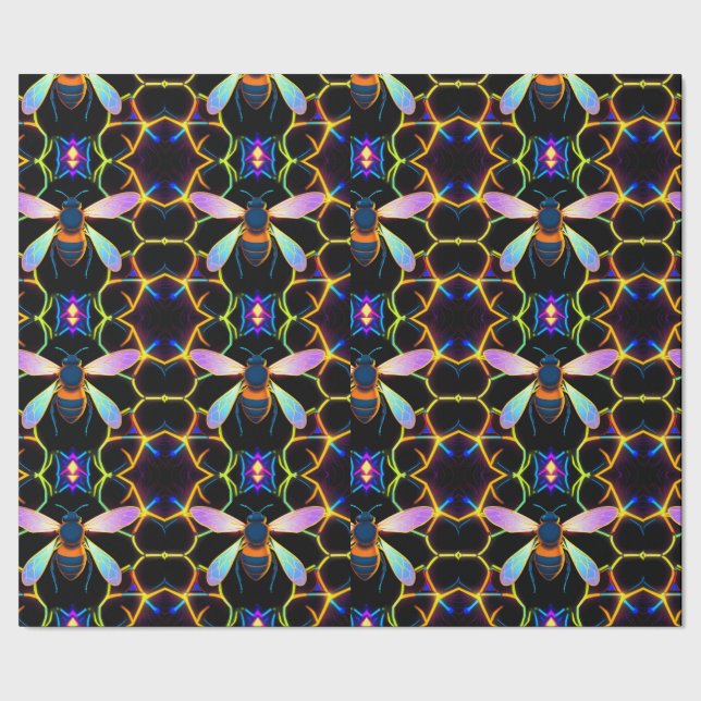 Papier Cadeau Abeille de miel néon vibrante avec Hexagonal Abstr (Couture)