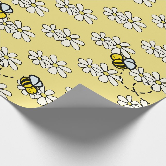 Papier Cadeau Abeille jaune miel et motif de marguerite blanche (Coin)