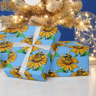 Papier Cadeau Abeille sur motif de fleur de tournesol bleu