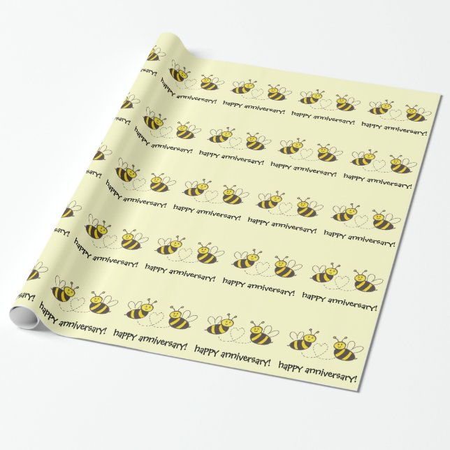 Papier Cadeau Abeilles de miel avec coeur heureux anniversaire! (Déroulé)