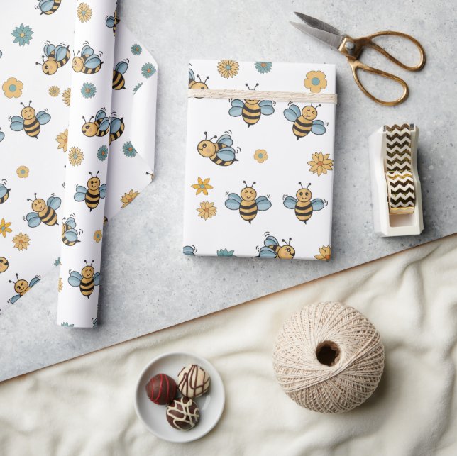 Papier Cadeau Abeilles de miel mignonnes et Fleurs sauvages flor (Artisanat)