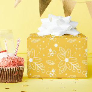 Papier Cadeau Abeilles et fleurs Jaune Anniversaire